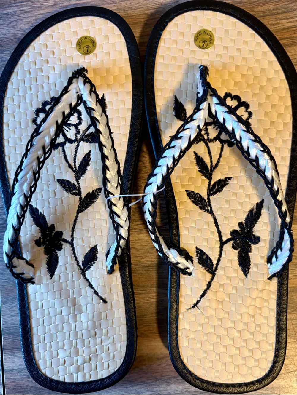 Women's Braided Black & White Floral Flip Flops